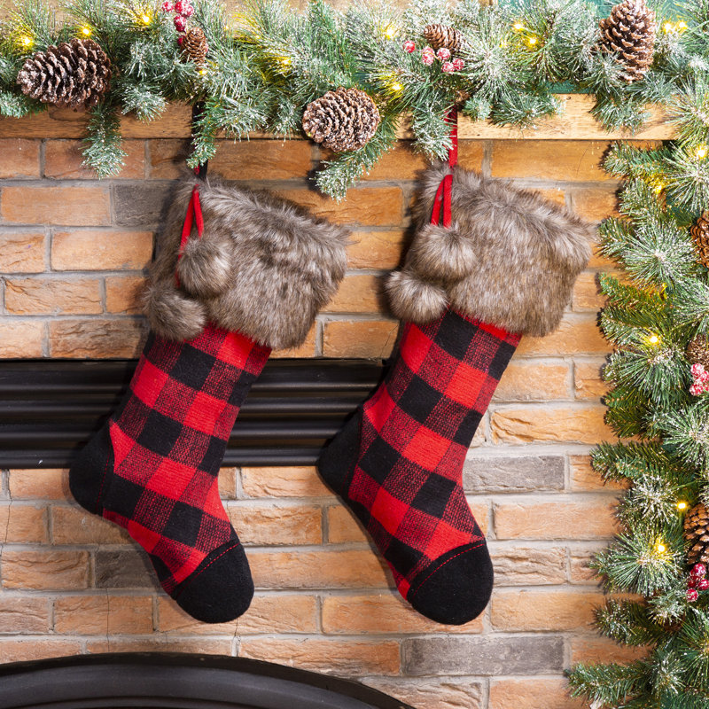 21" Fur Black/Red Buffalo Plaid Stocking