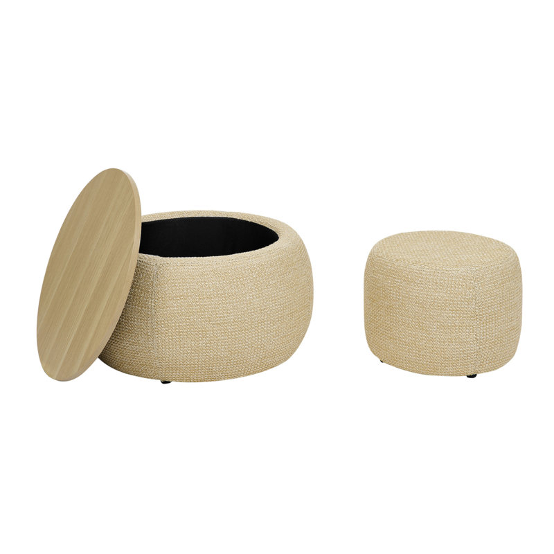 Round Storage Ottoman, Woven Rattan Fabric Ottoman, 2 In 1 Function, Work As End Table And Ottoman,With Small Seat-Nature(25"X25"X14.7")