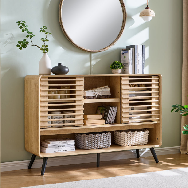 Buffet de rangement respirant 46 "avec tablettes réglables et porte coulissante à lattes, Tanné