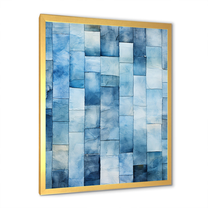 Carreaux scandinaves blancs et bleus V - art mural abstrait, Encadrement doré, H 32 po x l 16 po x P 1 po