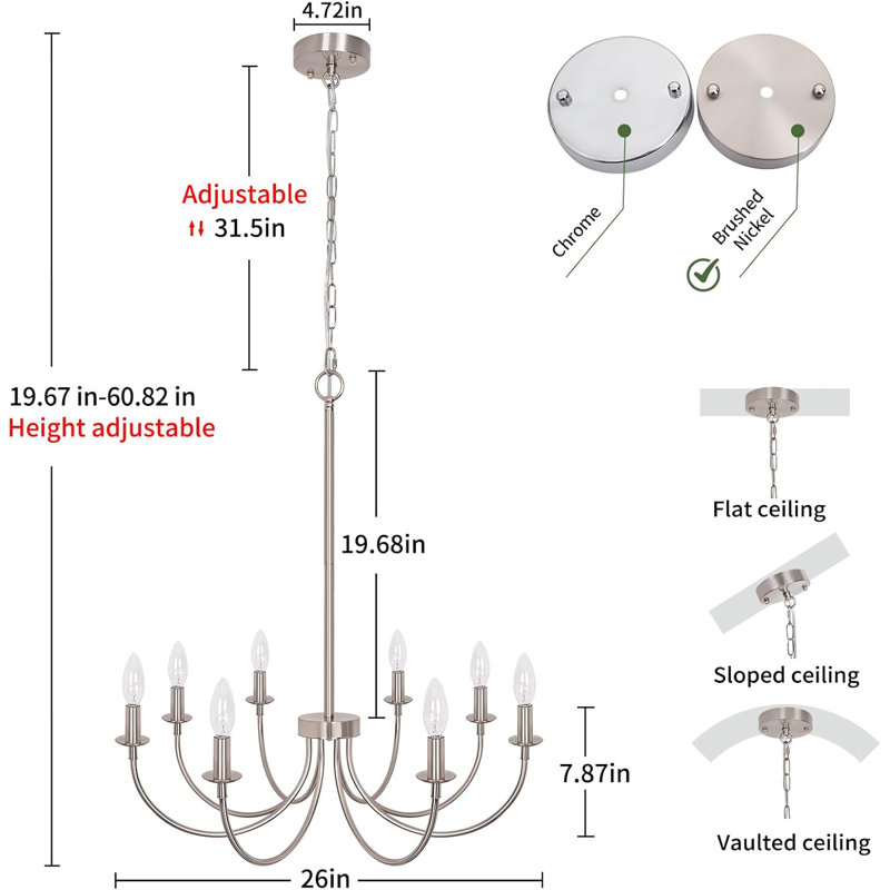 8 Lights Brushed Nickel Modern Candle Chandelier, 8 Lights