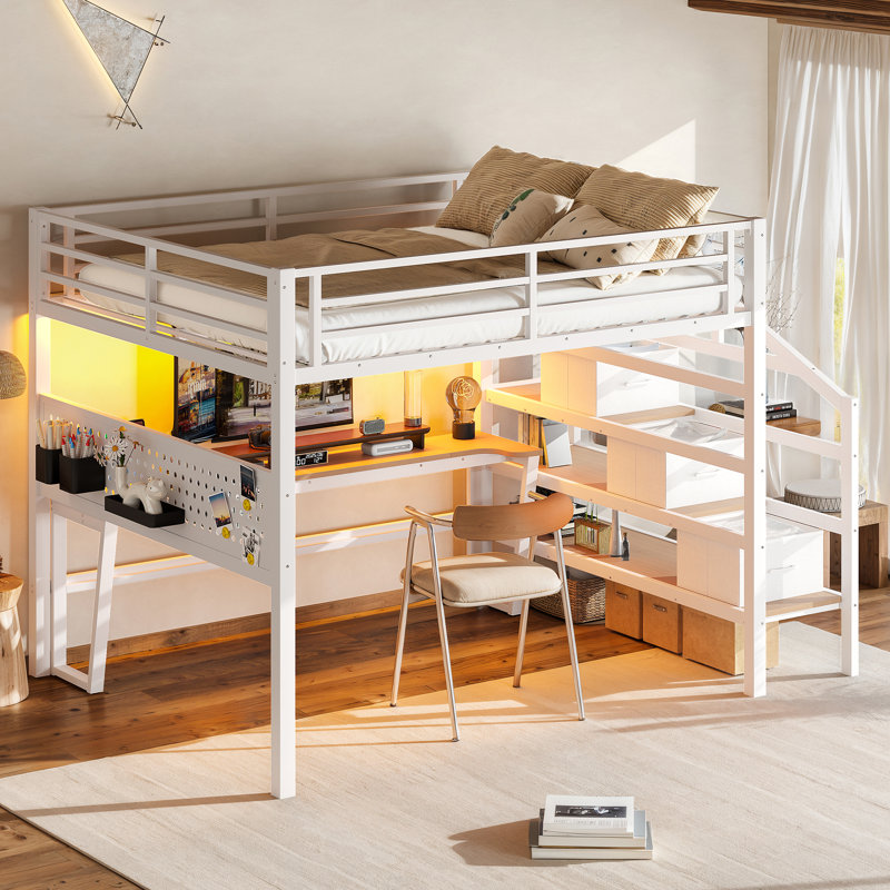 Grand lit mezzanine 3 tiroirs en métal avec bureau intégré, DEL et USB, White