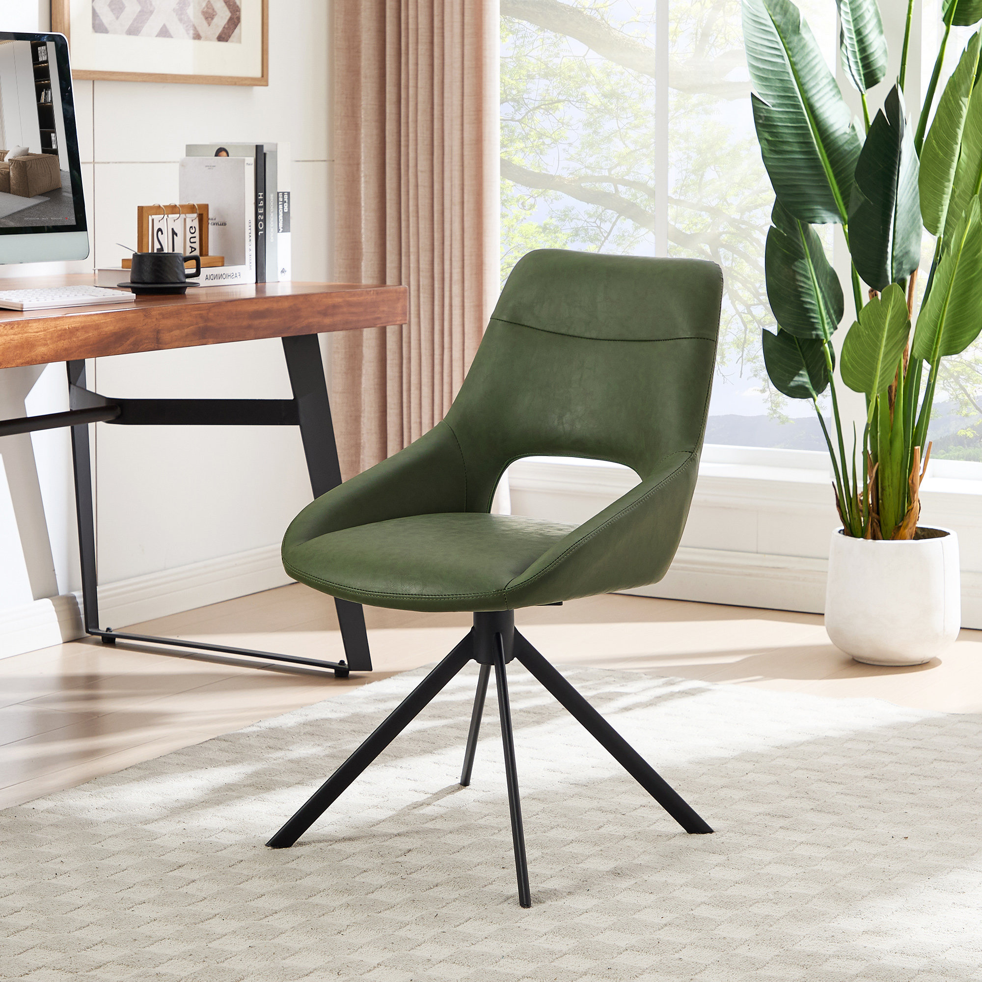 Jakavian Ergonomic Faux Leather Swivel Task Chair with Arms and Stationary Base Mid Century Modern Office Chair No Wheels