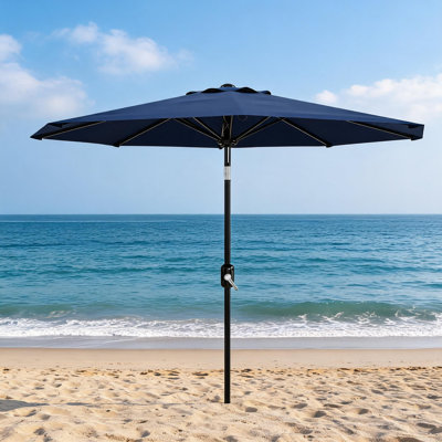 Parasol de terrasse de 3 m avec manivelle et inclinaison par bouton-poussoir – 8 baleines robustes en fer, protection UV, polyester imperméable – Parasol de table d'extérieur pour jardin, piscine, terrasse, cour – Bleu marine
