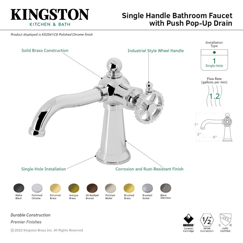 Kingston Brass Fuller Single-Handle 1-Hole Deck Mount Bathroom Faucet with Push Pop-Up, Wheel, Polished Brass