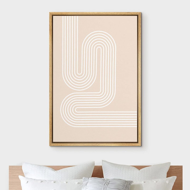 IDÉE4WALL, reproduction d'art sur toile encadrée, brun clair, rétro, motif de vague Mid-Century, formes abstraites, illustrations, minimalisme, géométrique décoratif pour le salon, la chambre à coucher, le bureau