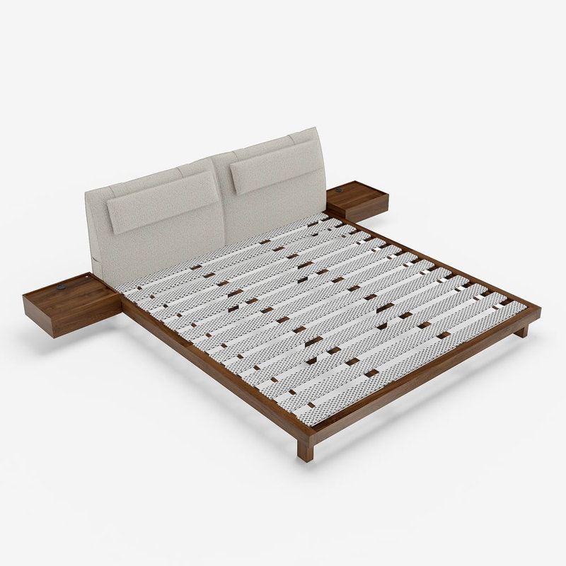King Size Linen Bed With Floating Nightstands Bedroom Set