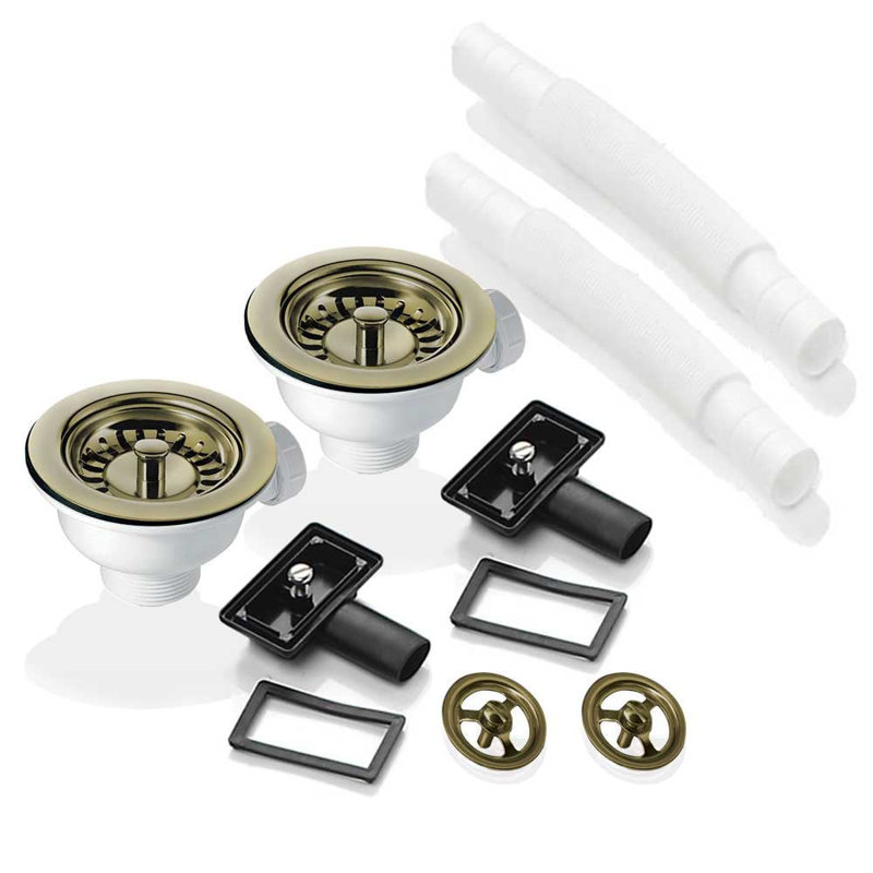 2X 90Mm Strainer Waste And Overflow Set For  RAK Rangemaster Ceramic Sink, Gold