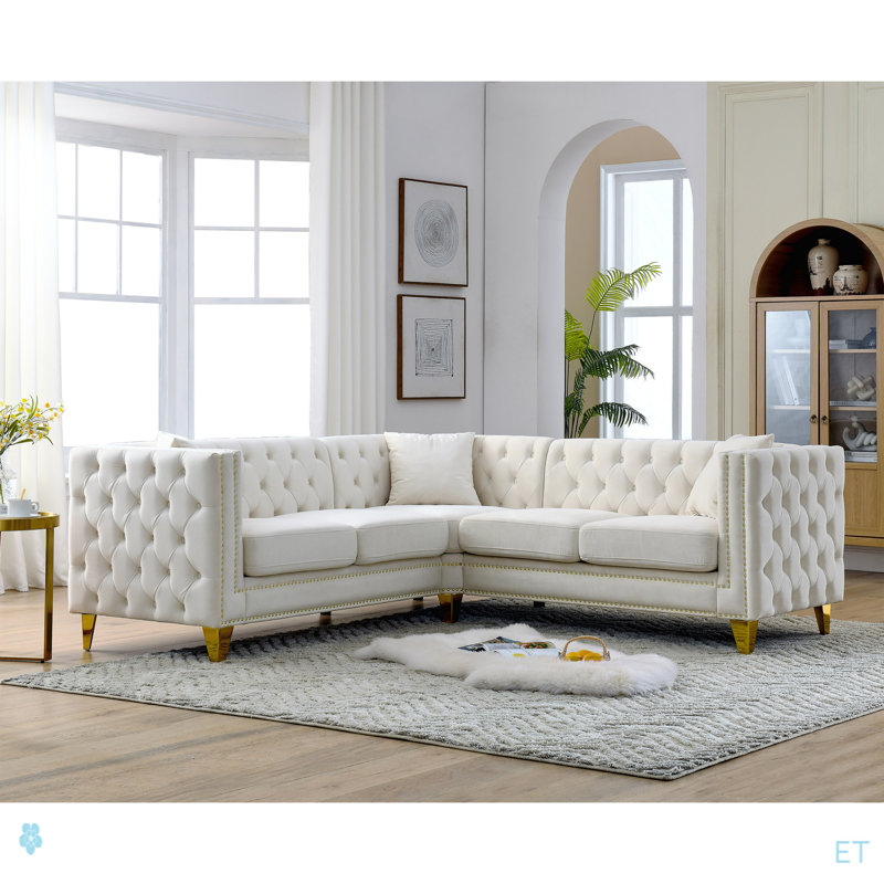 Canapé d'angle, canapé modulaire en L, canapés d'angle 5 places avec 3 coussins, Velours beige