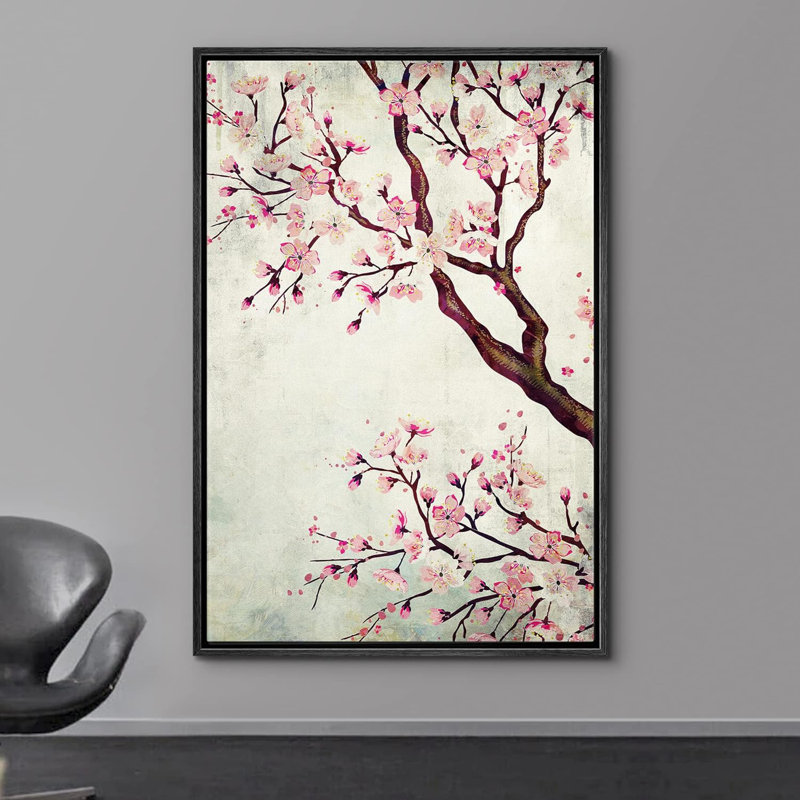 «Pink Cherry Blossom», estampe numérique sur toile, Cadre flottant noir, H 36 po x l 24 po x P 1,5 po
