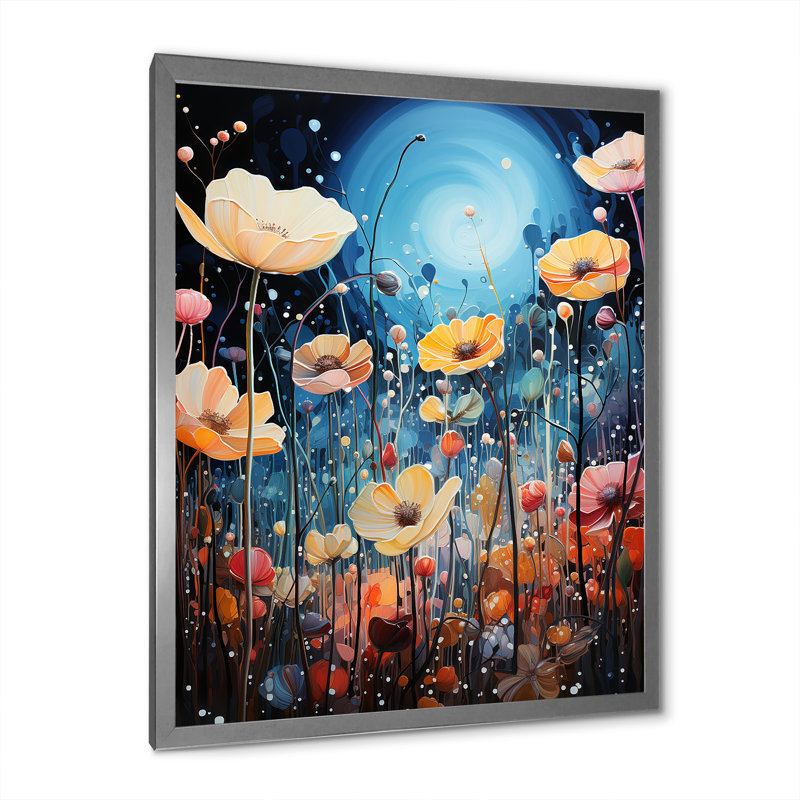 Fleurs jaunes et bleues sur fond de fleurs enchantées sur toile, H 32 po x l 16 po x P 1 po, Cadre simple argenté