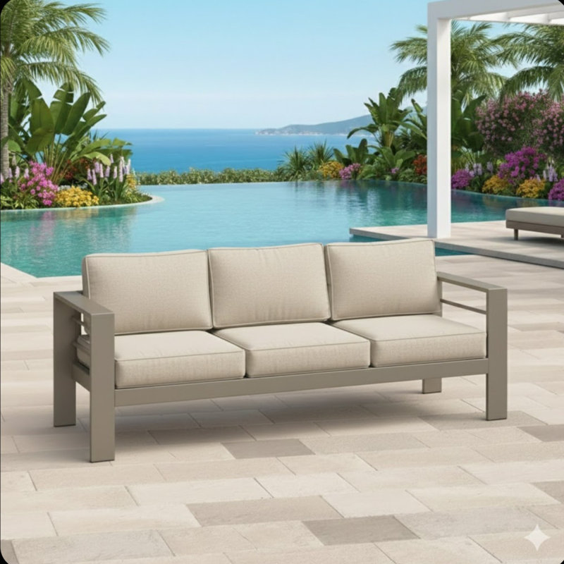75" All-Weather Metal 3-Seat Patio Sofa Couch With Thick Beige Cushions & Khaki Frame, Beige Cushion/Khaki Frame