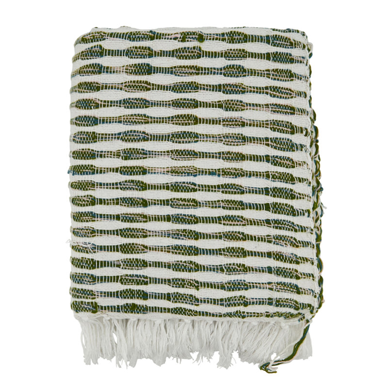 Green and White Woven Cotton Acrylic Throw Blanket