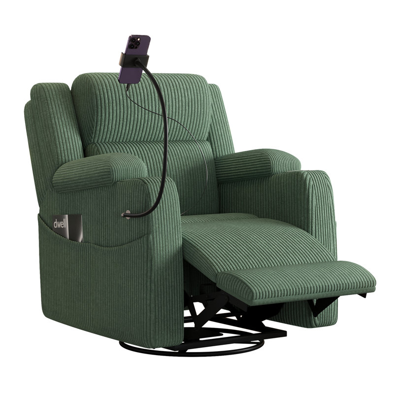 37'' W Upholstered Power Recliner With Massage And Heating, Green Corduroy