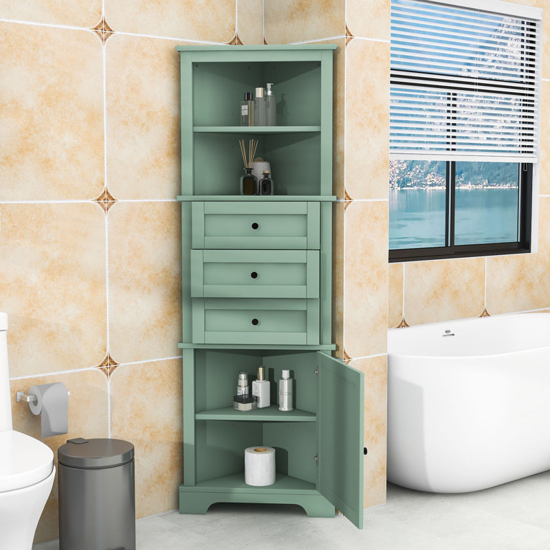 Tall Freestanding Bathroom Corner Cabinet with Adjustable Shelves, Doors and Triangle Drawers, Green