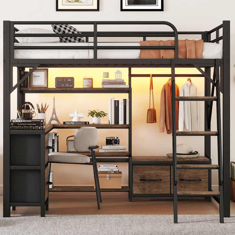 Metal Loft Bed With Storage Shelves, Wardrobe And Drawers For Teen And Adults, Queen