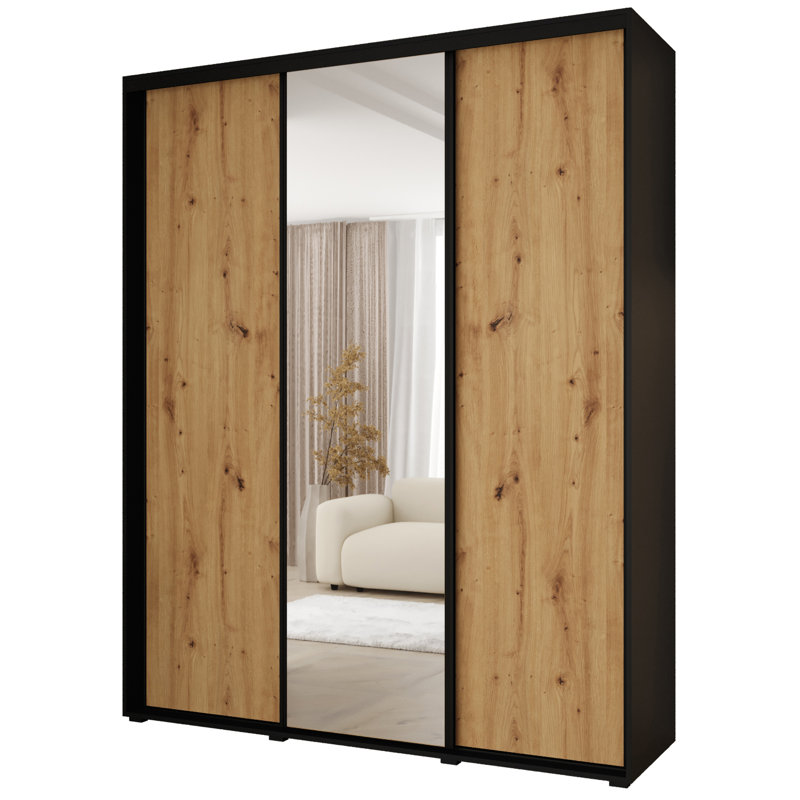 3 Door Manufactured Wood Wardrobe, Natural/Black, 235.2cm H x 200cm W x 45cm D