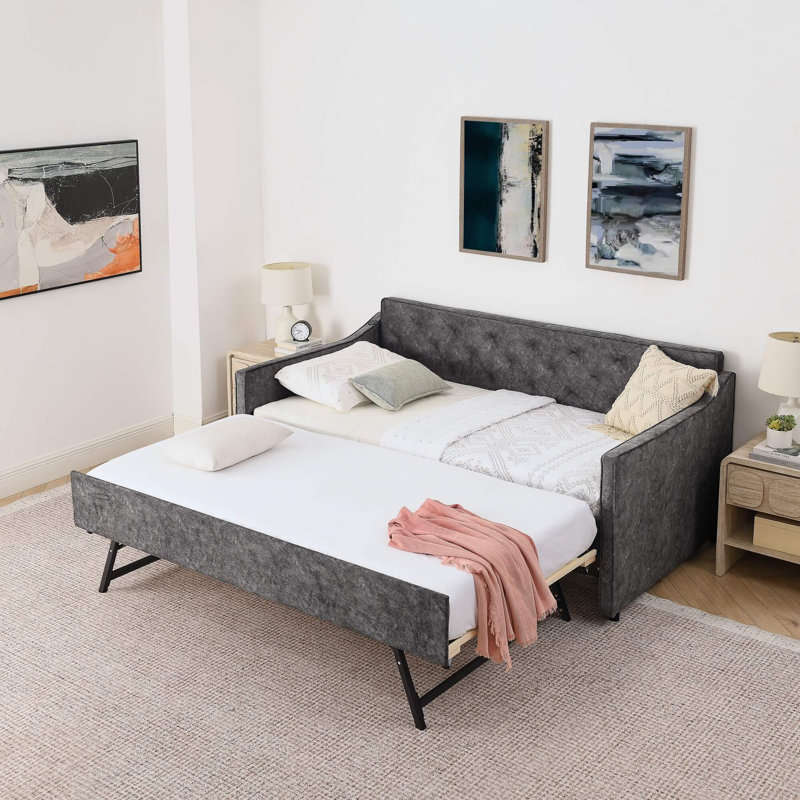 Lit de jour rembourré gris avec couchette escamotable et chargement USB