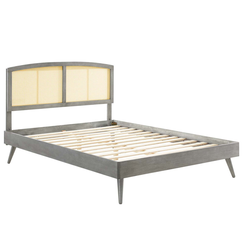 Sierra Cane and Wood Platform Bed with Splayed Legs, Gray, Queen
