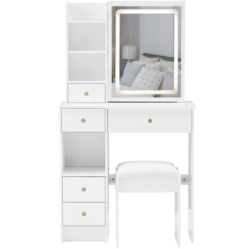 Petit espace - coiffeuse et tabouret rembourré: bureau de tiroir gauche de 29,2 po, commande tactile, changement de couleur tricolore, miroir à DEL réglable en luminosité