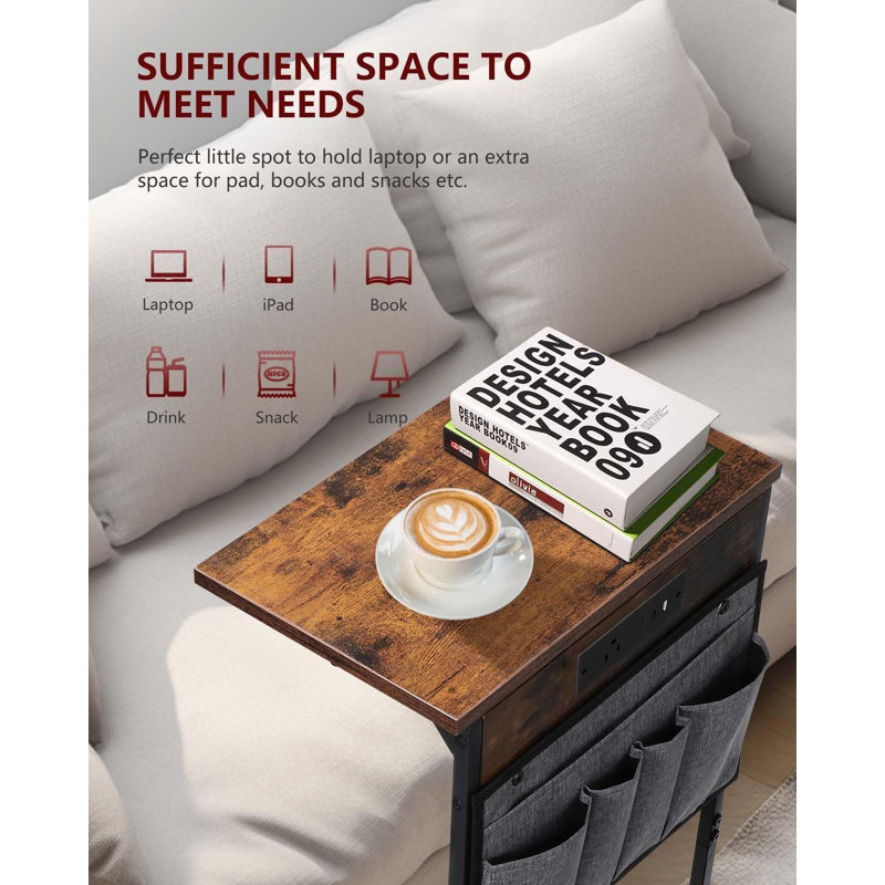 C-Shaped End Table With Charging Station And Storage Bag, Compact Side Table For Couch, Recliner, And Sofa, Ideal For Living Room And Bedroom