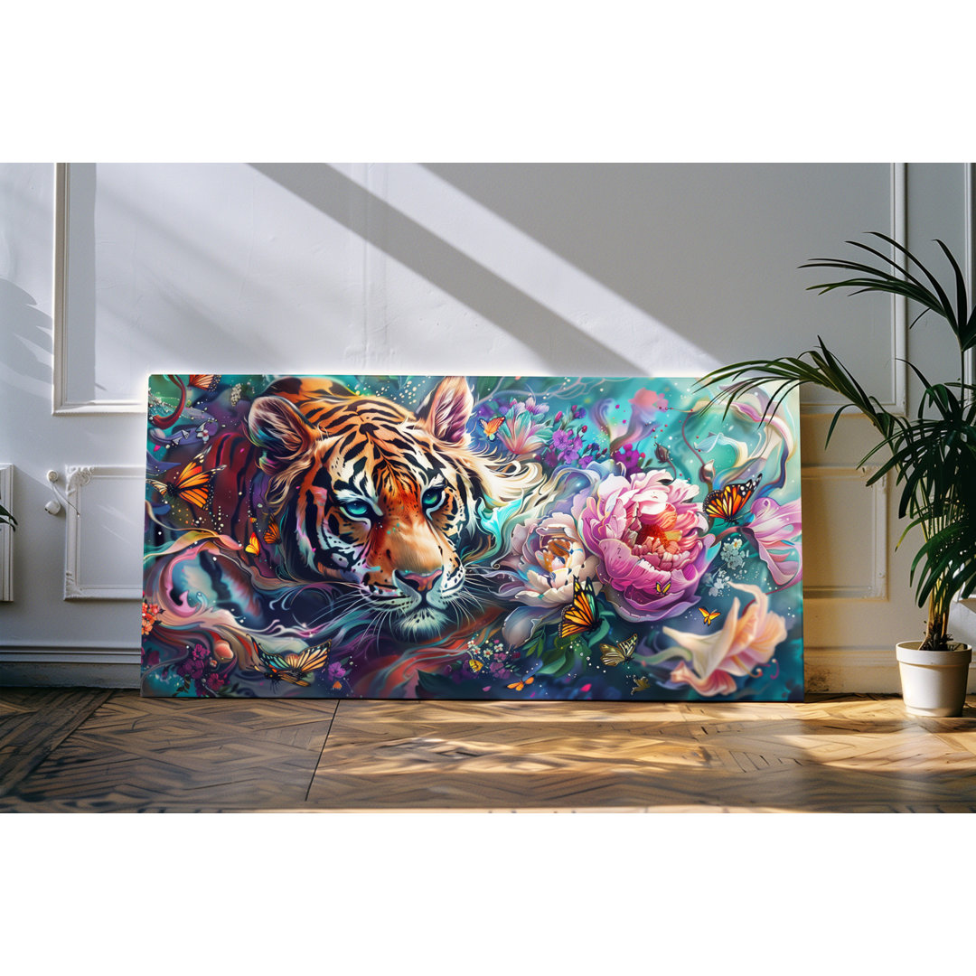 Wandbild 120x60cm Tiger Blumen Schmetterlinge Farbenfroh Kunstvoll