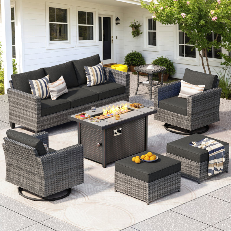 7- Person Patio Furniture Set With Swivel Rocker, Outdoor Wicker Rattan Seating Group With Cushions, All Weather Sofa Conversation Set With Fire Pit Table For Garden Backyard