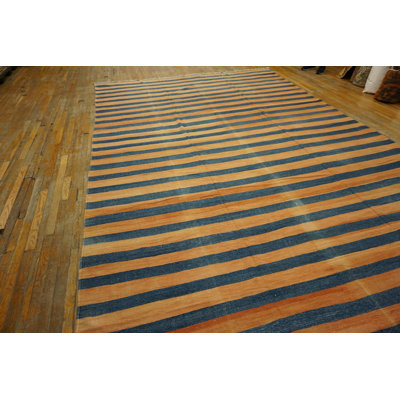 Rustic Antique Geometric Stripes Room Size Indian Cotton Dhurrie Rug