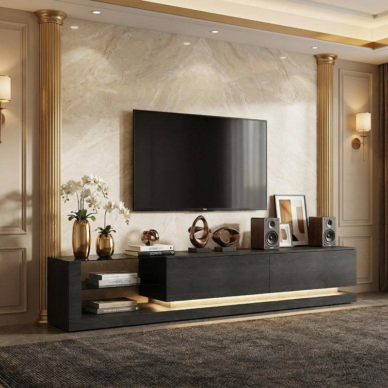 89'' W 2-Drawer Sleek TV Stand Media Console With Ambient Lighting And 2-Tier Tempered Glass, Black