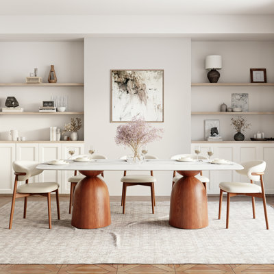 Table de salle à manger à double piédestal Luxe 86,61 "93,7" - Table rectangulaire en pierre frittée avec bords ronds