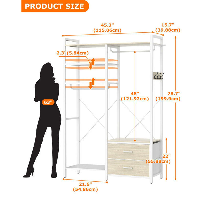 115cm Wide Open Wardrobe with Drawers & Double Hanging Rails, Industrial Heavy Duty Garment Rack with 2 Fabric Bins, Shoe Storage & Reversible Shelves for Bedroom & Hallway
