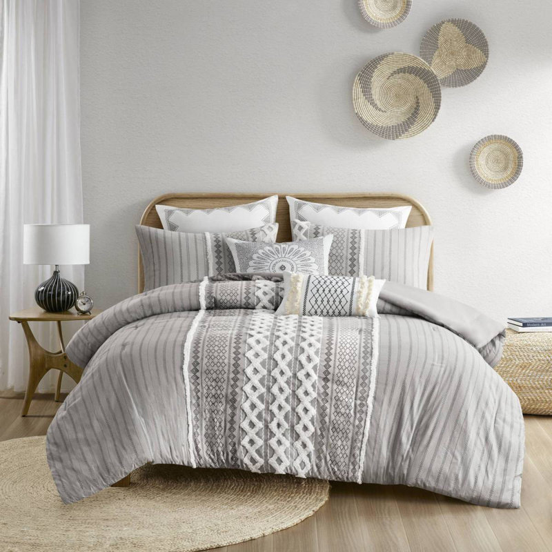 Ensemble d'édredon en coton avec chenille gris très grand / très grand californien, Édredon très grand + 2 taies décoratives
