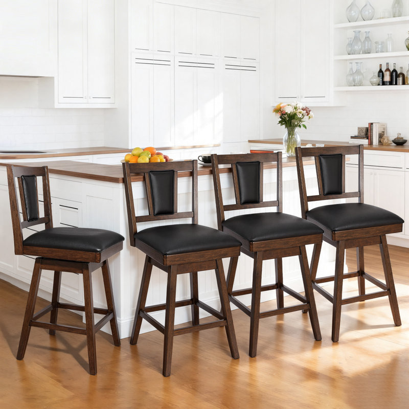 Desouza Transitional Faux Leather 26"H Swivel Counter Stool With Solid Wood Legs (Set of 4)