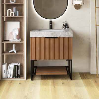 Freestanding Pre-Assembled Striped Plywood Bathroom Vanity With Sink, Drawer & Open Shelf