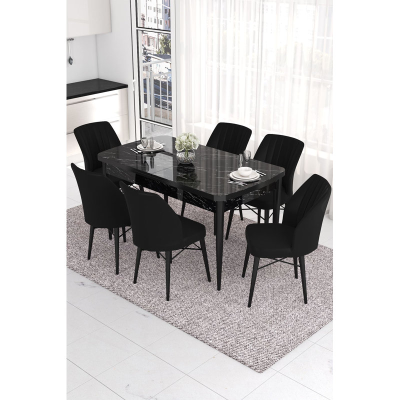 Ensemble de table et chaises de salle à manger moderne extensible (7 pièces), marbre noir et tissu Jerry | Table: 51,2 po x 30,7 po x 31,0 po (extensible jusqu'à 66,9 po) | 100% panneau de fibres à densité moyenne avec pieds en bois et chaises à structure en métal, assise confortable en mousse 28 dns