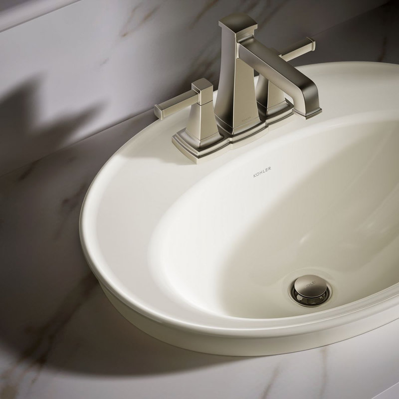 Serif Ceramic Oval Drop-In Bathroom Sink with Overflow, Biscuit, 4'' Centerset