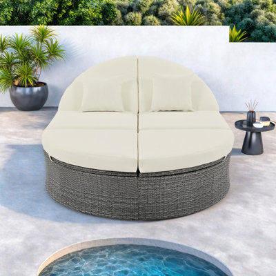 Lit de jour d'extérieur pour 2 personnes avec coussins et coussins, chaise longue inclinable de jardin en rotin avec dossiers réglables et plateaux pliables pour la pelouse