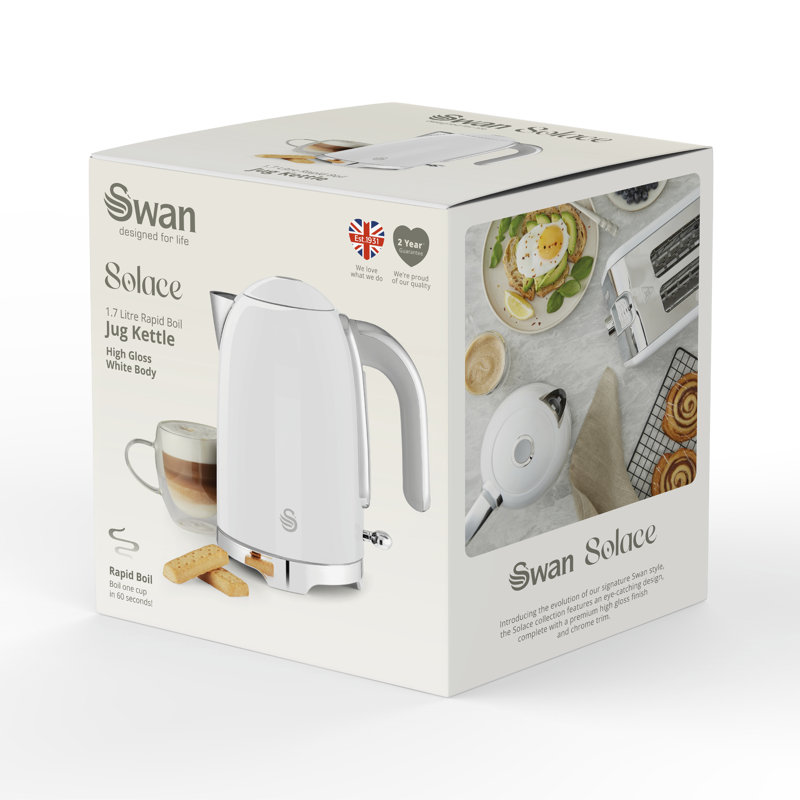 Swan Solace Cordless Kettle, Premium with a High Gloss Finish, Fast Boil, 360-Degree Base, Removable Limescale Filter, 1.7 Litres, 3000W