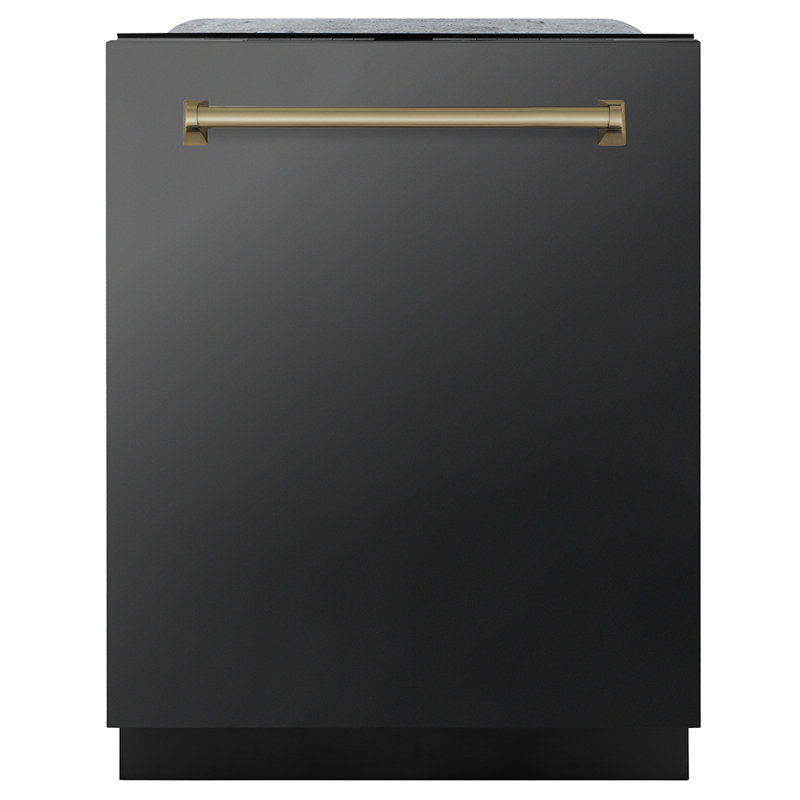 ZLINE Autograph 24 in. Auto Door Open 3rd Rack Dishwasher, 44dBa, Black Steel Panel & Bronze Handle, Champagne Bronze