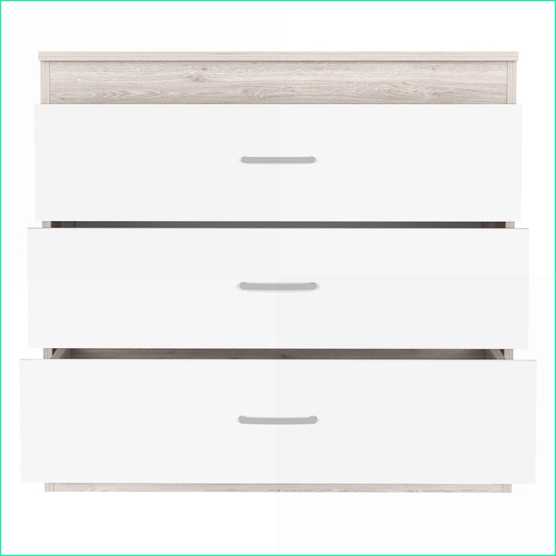 Commodes H 29 po avec 3 tiroirs, quincaillerie en métal, gris clair / blanc | Multicolore | Panneau de particules, Blanc