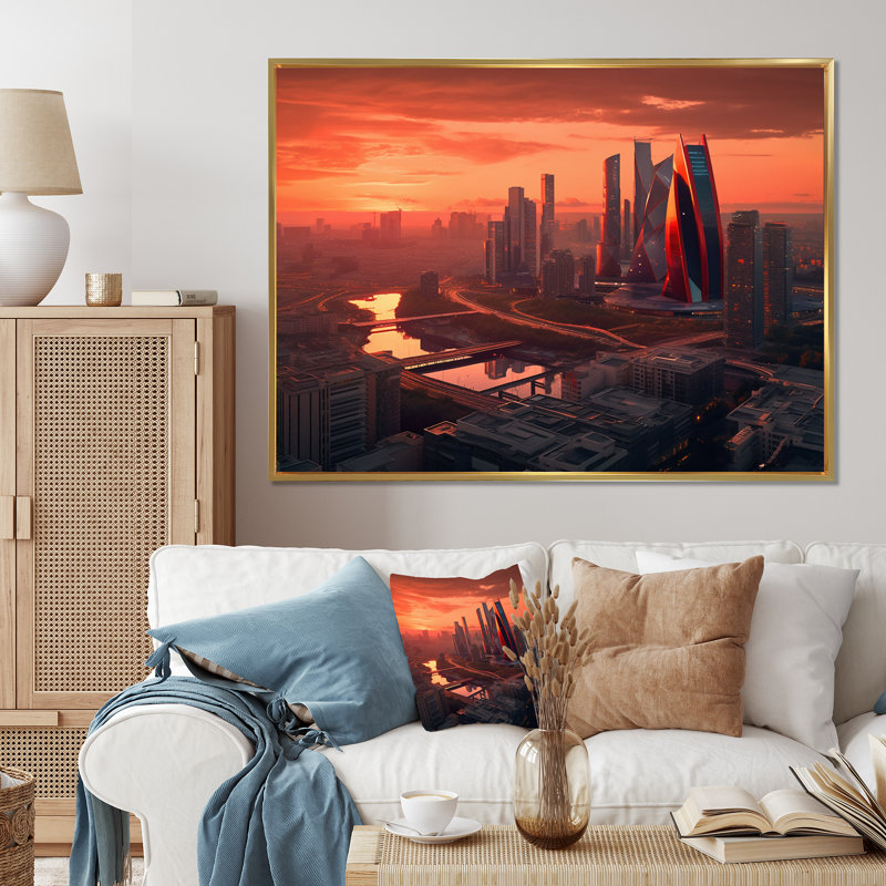 «Orange and Pink Architectural Merveilles II», reproduction sur toile, H 12 po x l 20 po x P 1 po, Cadre flottant doré