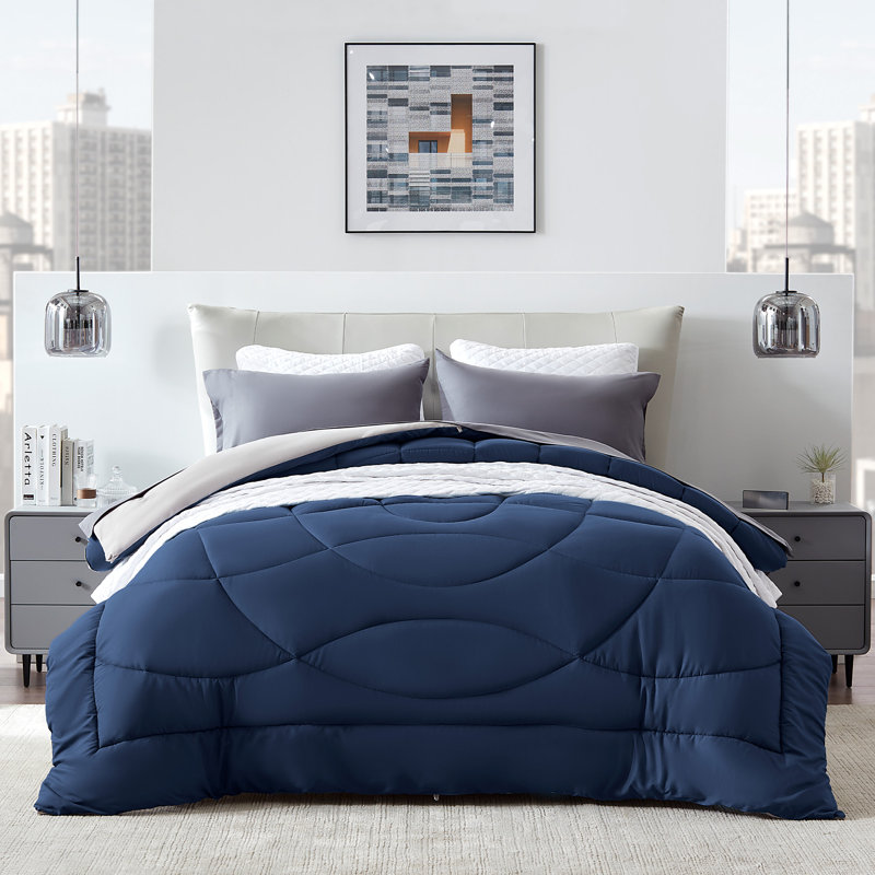 SLEEP ZONE Down Alternative Comforter, U-Shaped Quilting, Soft Microfiber, Duvet Tabs, Twin Comforter, Navy/Gray