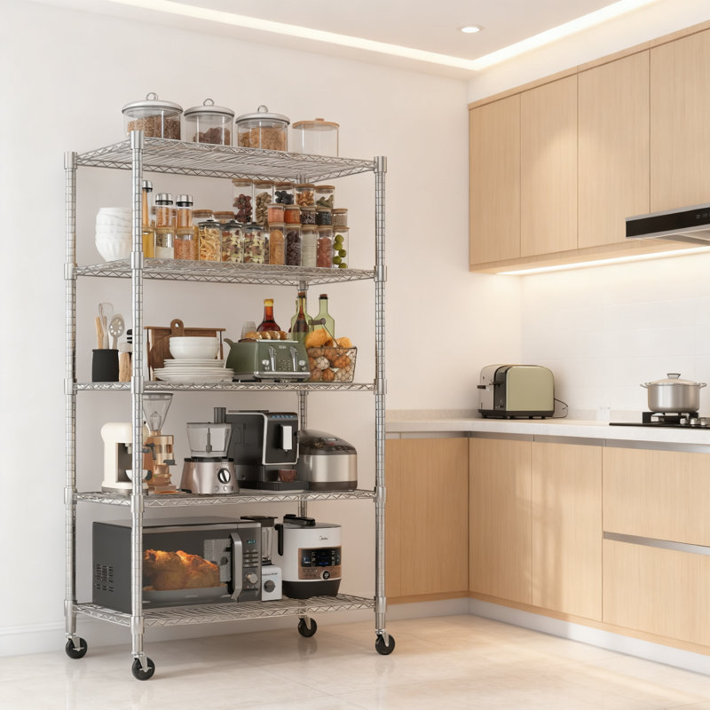 Yelena 90cm W Metal Shelving Unit with Wheels, Silver, 208cm H x 90cm W x 45cm D