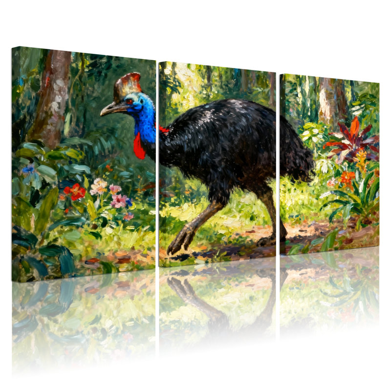Oiseaux casoar en forêt avec fleurs colorées, ensemble de 3 impressions sur toile, H 18 po x l 36 po