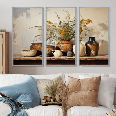 Art floral brun, poterie rétro, art mural Boho