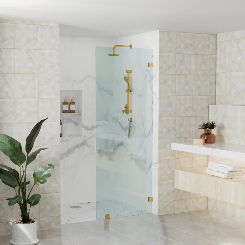 Écran de douche fixe sans cadre l 27 po x H 76 po avec verre transparent 3/8 po, L 27 po x H 76 po, Or brossé