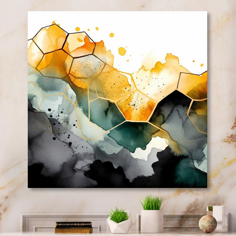 Yellow Gray Honecomb Shape - Geometric Wall Decor, Wrapped Canvas, 16" H x 16" W x 1" D