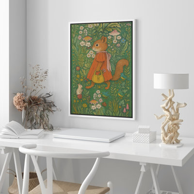 Squirrel in Red Dress in Garden Framed Canvas - Whimsical Animal Illustration for Nursery or Playroom - Storybook Woodland Decor