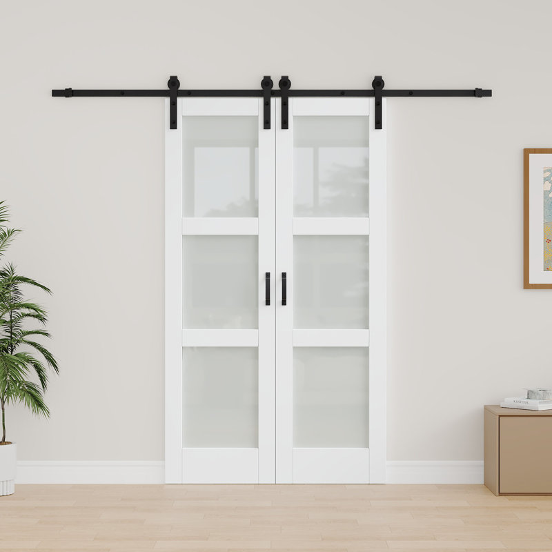  Double porte de grange coulissante en verre givré H 84 po, 48 po x 84 po, Sans fermeture en douceur