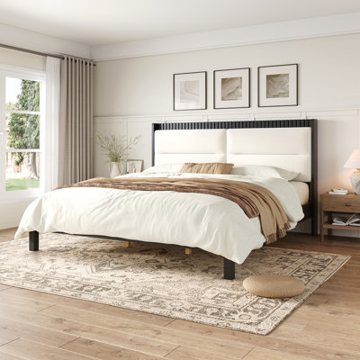 Solid Wood King Size Platform Bed Frame with Beige Velvet Upholstered Headboard, Black, No Box Spring Needed